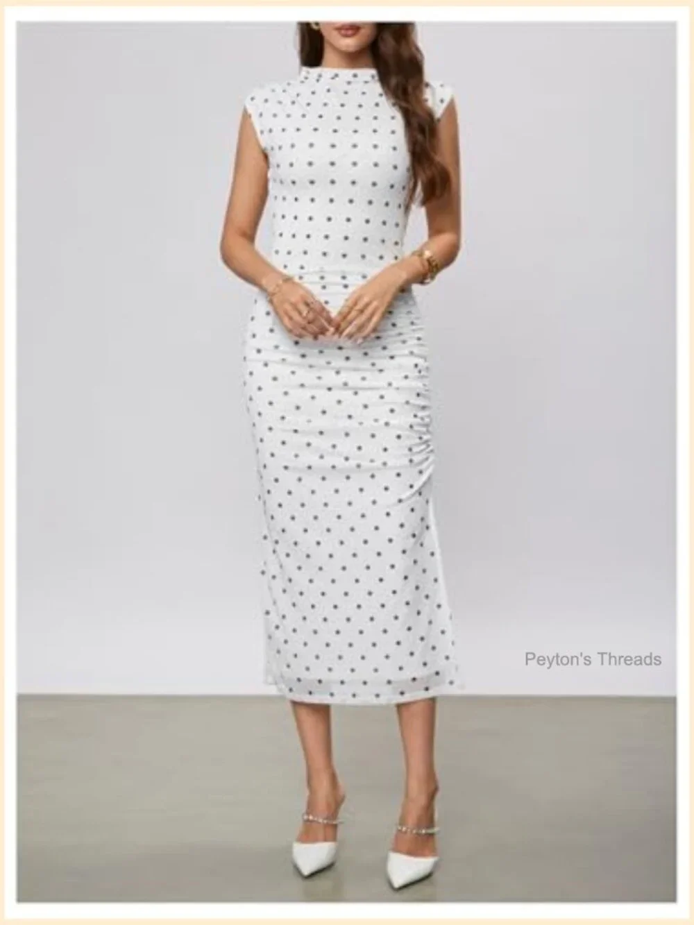 Polka Dots Sleeveless Ruched Bodycon Midi Dress Mock Neck Slit Thigh - Picture 3 of 5